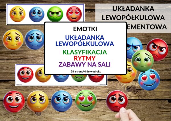 emocje - emotki, ćwiczenia lewopółkulowe, dzień kropki, rytmy, klasyfikacja - pdf