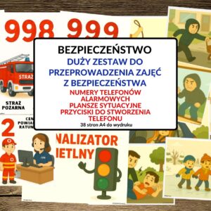 Plansze edukacyjne, bezpieczeństwo, numery alarmowe, karty sytuacyjne - pdf