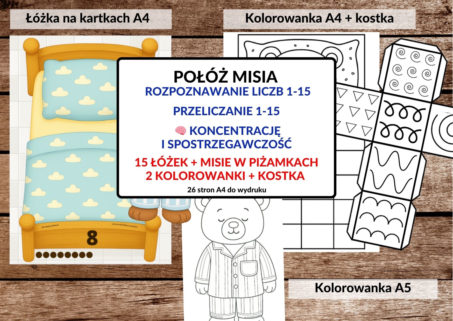 dzień misia, przeliczanie do 15, spostrzegawczość, koncentracja - pdf