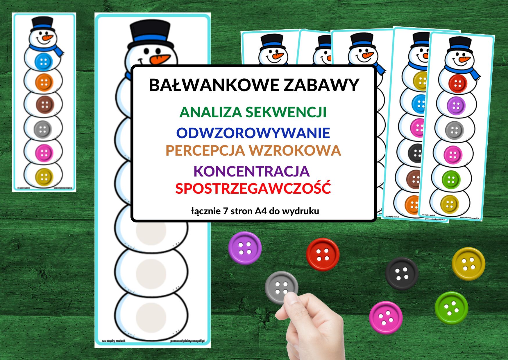 sekwencje, odwzorowywanie, bałwanek, guziczki - pdf