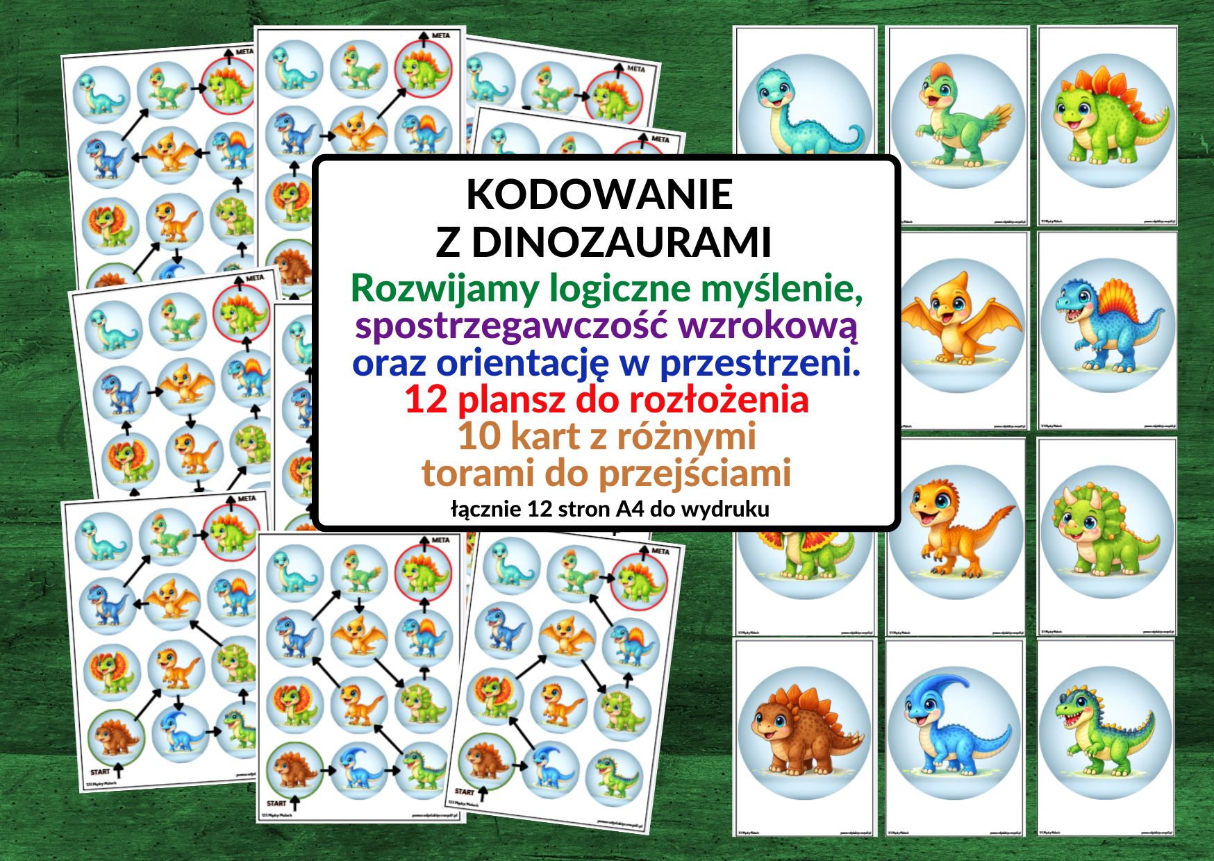 Kodowanie z dinozaurami, plansze na podłogę, kodowanie na dywanie - pdf