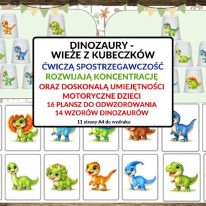 spostrzegawczość, koncentracja, budowanie wieży z kubeczków, dinozaury - pdf
