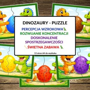PUZZLE, dinozaury, dzień dinozaura, spostrzegawczość, percepcja wzrokowa - pdf