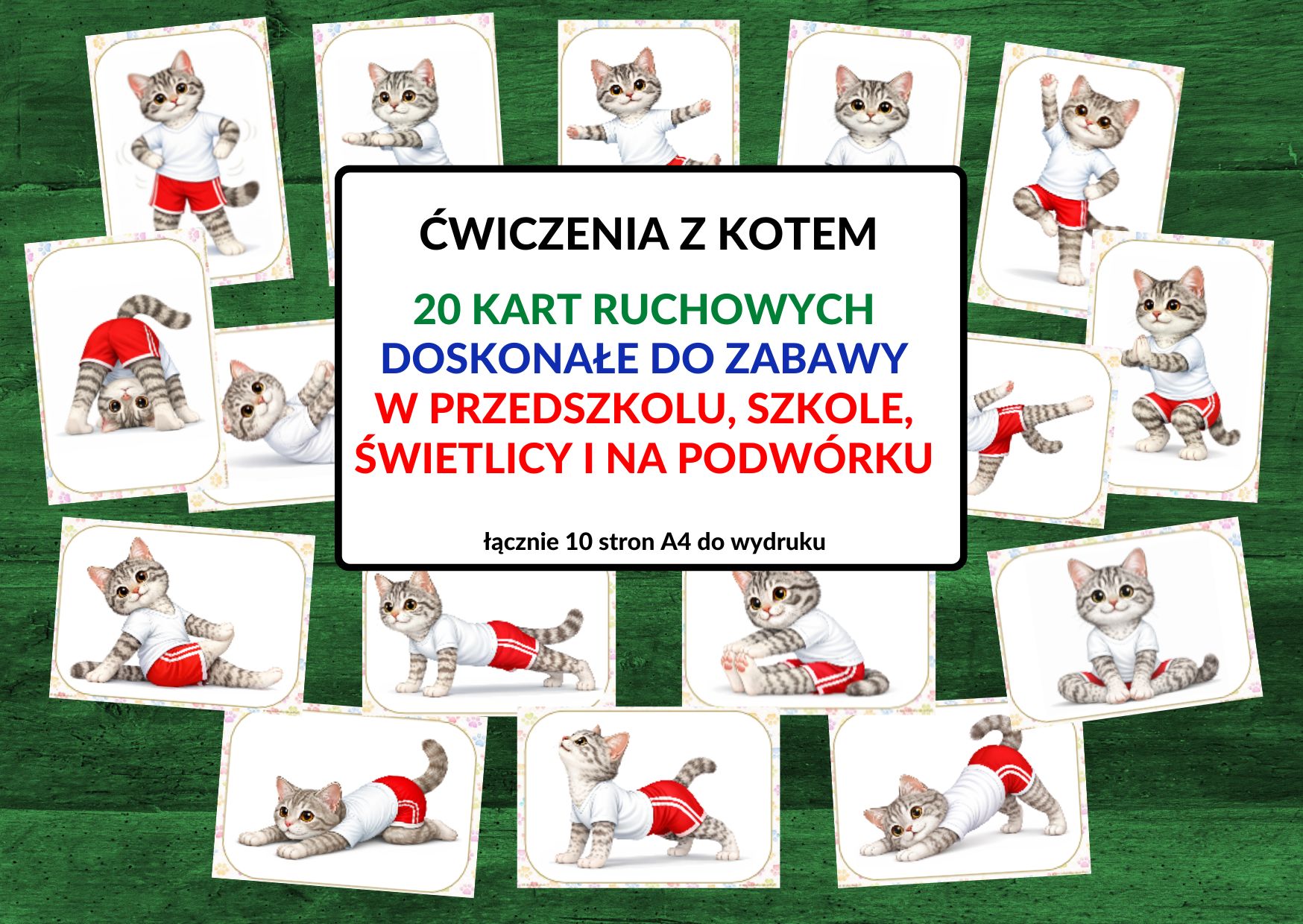dzień kota, ćwiczenia z kotem, karty ruchowe, karty ruchowe z kotem - pdf