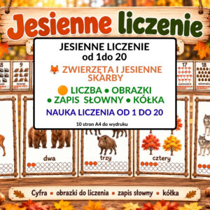 jesienne liczenie, plansze liczbowe, nauka liczenia od 1-20 -pdf